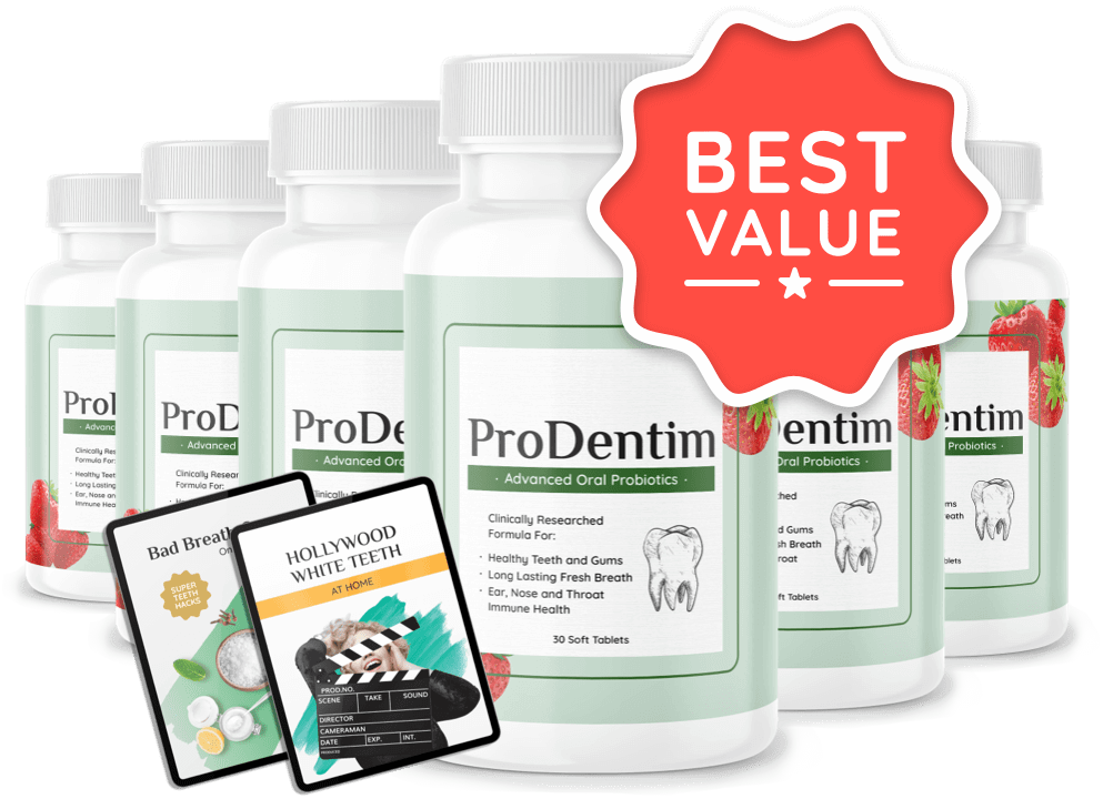 Prodentim six bottles with free bonuses and banner